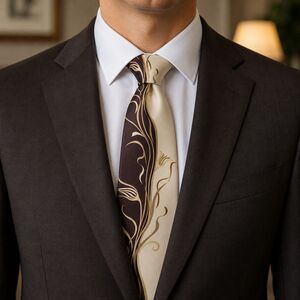 Milano Moda Tie Mens One Size Brown Cream Silk Floral Hand Made Necktie Formal